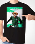 Black Gildan t-shirt with a personalized graphic of a boxer dog in a green Saudi Arabia soccer jersey.