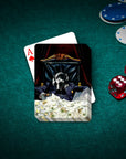 Personalized ScarPaw playing card featuring a dog in a suit on a throne with money, on a green felt table with poker chips and dice.