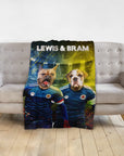 Personalized minky blanket with two dog portraits in Scottish football kits, "Lewis & Bram" text.
