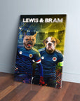 Personalized 'Scotland Doggos' canvas featuring two pets in blue football kits with names "LEWIS & BRAM".