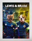 Personalized 'Scotland Doggos' poster featuring two pets in blue soccer jerseys with names Lewis & Bram.