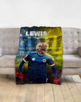 Personalized pet blanket with a French Bulldog in a blue soccer uniform, named "LEWIS".