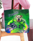 Personalized green tote bag with a custom dog portrait in a football uniform, named "Frank".