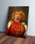 Custom pet portrait canvas featuring a happy brown dog in a red and gold military uniform.