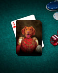 Personalized playing cards featuring a dog in a red royal military uniform on a green poker table.