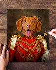 Personalized dog puzzle, "Sergeant Bork" royal renaissance portrait style, red uniform with gold details.