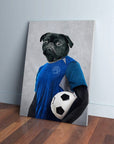 Personalized canvas of a black pug in a blue soccer jersey holding a black and white soccer ball.