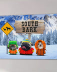 Custom canvas art featuring three dogs dressed in winter coats in a snowy mountain landscape with a "South Bark" sign.
