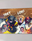 Personalized canvas featuring a black lab and golden retriever in USC football jerseys with names "Trey" and "Loki.