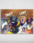 Personalized matte poster featuring two dogs, Trey and Loki, in USC football jerseys on a stadium background.