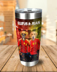 Personalized stainless steel tumbler with two dogs in Spain soccer jerseys, "Rufus & Juan" text.