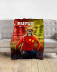 Personalized pet blanket with a boxer dog in a Spain soccer uniform, named "Rufus," on a stadium background.