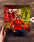 Personalized pet puzzle featuring a boxer dog in a red Spain soccer uniform, named "Rufus.