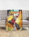 Personalized SpiderCat pet blanket featuring a grey cat in a red superhero suit, cityscape background.
