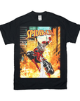 Black Gildan t-shirt with a "Spider-Cat" comic book design featuring a cat in a Spider-Man suit.