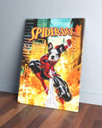 Custom 'SpiderPaw' canvas featuring a French Bulldog as Spider-Dog, with city background and fiery effects.