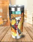 Personalized stainless steel tumbler with a custom cartoon portrait of a French Bulldog as "SpiderDog".