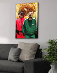 Custom 'Squid Paws' canvas featuring two pets in red and green tracksuits, hanging above a gray sofa.