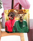 Personalized 2 pet tote bag with dogs in red and green Squid Game outfits.