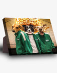 Personalized 'Squid Paws' standing canvas featuring three dogs in green tracksuits against a brick wall with an explosion of money.