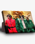 Four pets in Squid Game costumes on a personalized standing canvas with a brick wall background.