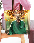 Personalized 'Squid Paws' tote bag with a custom pet portrait of a dog in a green tracksuit.