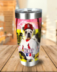 Personalized stainless steel tumbler with a custom bulldog pet portrait in a St. Louis Cardinals baseball uniform.