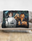 Personalized 3 pet blanket with dogs as Star Wars characters, including Princess Leia, Ewok, and Chewbacca.