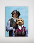 Personalized "Step Doggo & Doggette" poster featuring two pets in argyle sweater vests on a blue background.