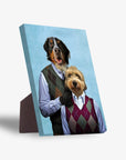 Personalized 2-pet standing canvas featuring dogs in argyle sweaters on a blue background.