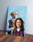Personalized canvas featuring a woman and a Labrador dog in matching argyle vests on a light blue background.