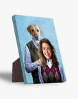 Personalized 'Step Doggo & Human Female' standing canvas with a Labrador head on a man's body next to a smiling woman.