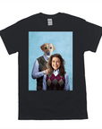 Black Gildan t-shirt with a personalized design of a dog and a smiling woman wearing argyle vests.