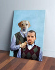 Personalized canvas featuring a man and a golden retriever in matching argyle sweater vests against a blue background.