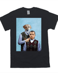 Black Gildan t-shirt with a personalized portrait of a dog and man in argyle sweater vests.