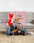 Personalized pink blanket with a custom renaissance portrait of a corgi and man, "WE LOVE YOU" text, and red heart balloons.