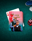 Personalized playing cards featuring a custom dog and human portrait in argyle sweaters with "We Love You" text.