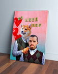 Personalized Valentines canvas with a dog's head on a human body and a man, both in argyle vests.