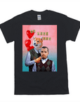 Black Gildan t-shirt with a personalized design featuring a man and a dog head, "WE LOVE YOU" text, and red heart balloons.