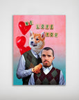 Personalized Valentines poster featuring a man and a dog with human bodies, wearing argyle vests, with red heart balloons and "WE LOVE YOU" text.