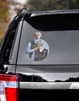 Custom pet decal of two dogs in preppy sweaters on a black car window.