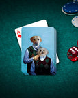 Personalized playing cards featuring two dogs in human clothing on a green felt table with poker chips and dice.