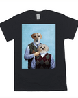 Black Gildan unisex t-shirt featuring a personalized print of two pets, a golden retriever and a shih tzu, dressed in argyle sweaters.