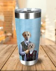 Personalized stainless steel tumbler with custom pet portraits of a Labrador and Maltese in argyle vests.