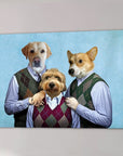 Personalized canvas featuring three pets in argyle sweater vests and collared shirts on a blue background.