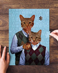 Personalized 'Step Kitties' puzzle featuring two custom cat portraits in argyle sweaters.