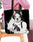Personalized black tote bag with a custom Stormtrooper French Bulldog pet portrait on a starry background.