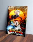 Custom 'Street Doggos' canvas featuring two pets as Street Fighter characters, a yellow lab and a bulldog.