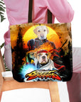 Personalized Street Doggos tote bag with custom cartoon portraits of a yellow lab and bulldog.