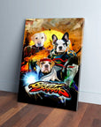 Personalized 'Street Doggos' canvas featuring three pets as fighting game characters, vibrant colors.